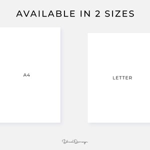 May include: Two white rectangular papers, one labeled "A4" and the other "LETTER", are displayed against a light gray background. The text "AVAILABLE IN 2 SIZES" is at the top. The designer's signature is at the bottom.