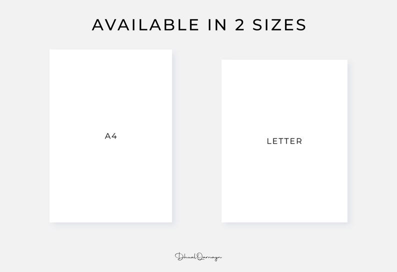 May include: Two white rectangular papers, one labeled "A4" and the other "LETTER", are displayed against a light gray background. The text "AVAILABLE IN 2 SIZES" is at the top. The designer's signature is at the bottom.