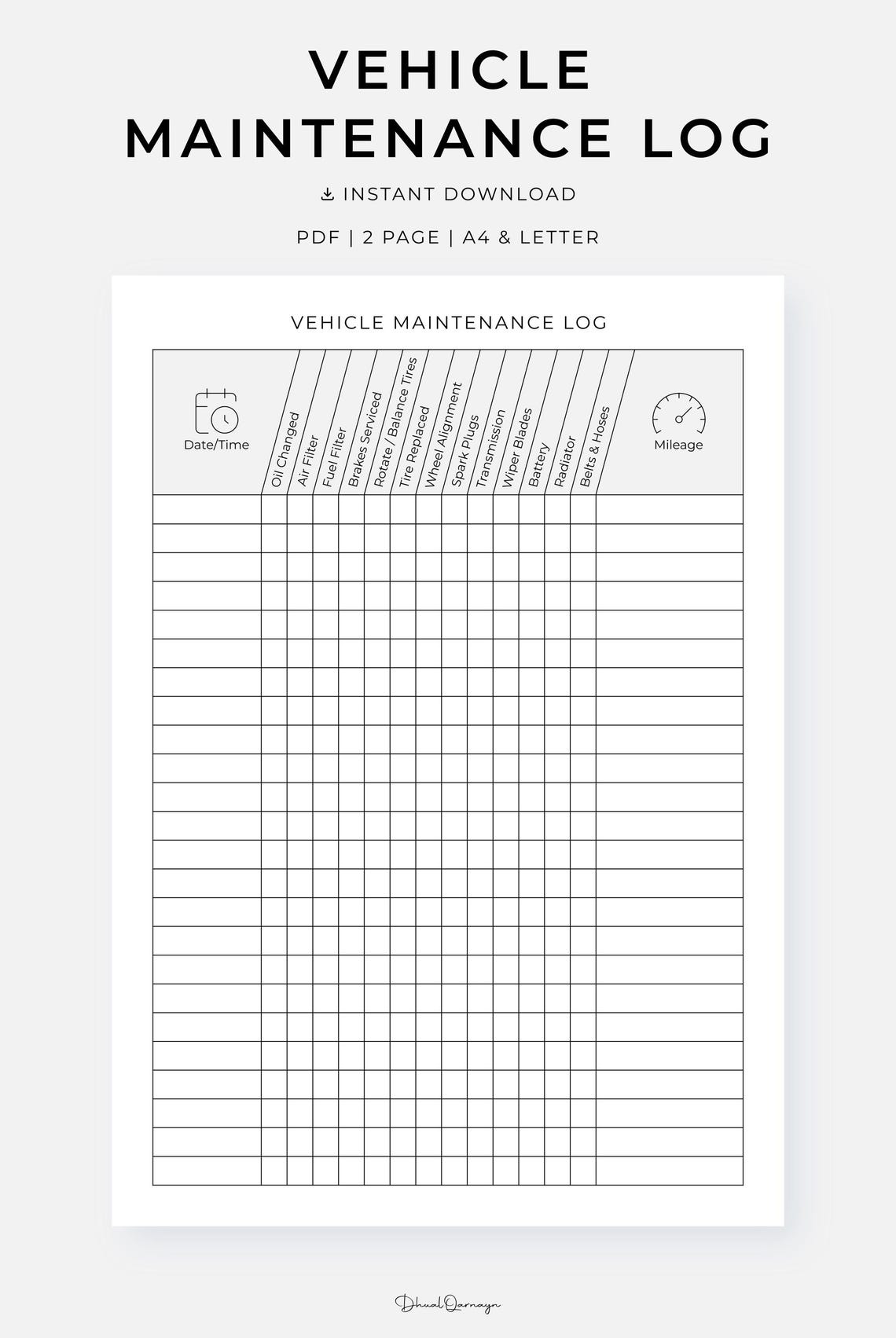 Vehicle Maintenance Log Printable PDF, Repair & Service Record for Cars ...