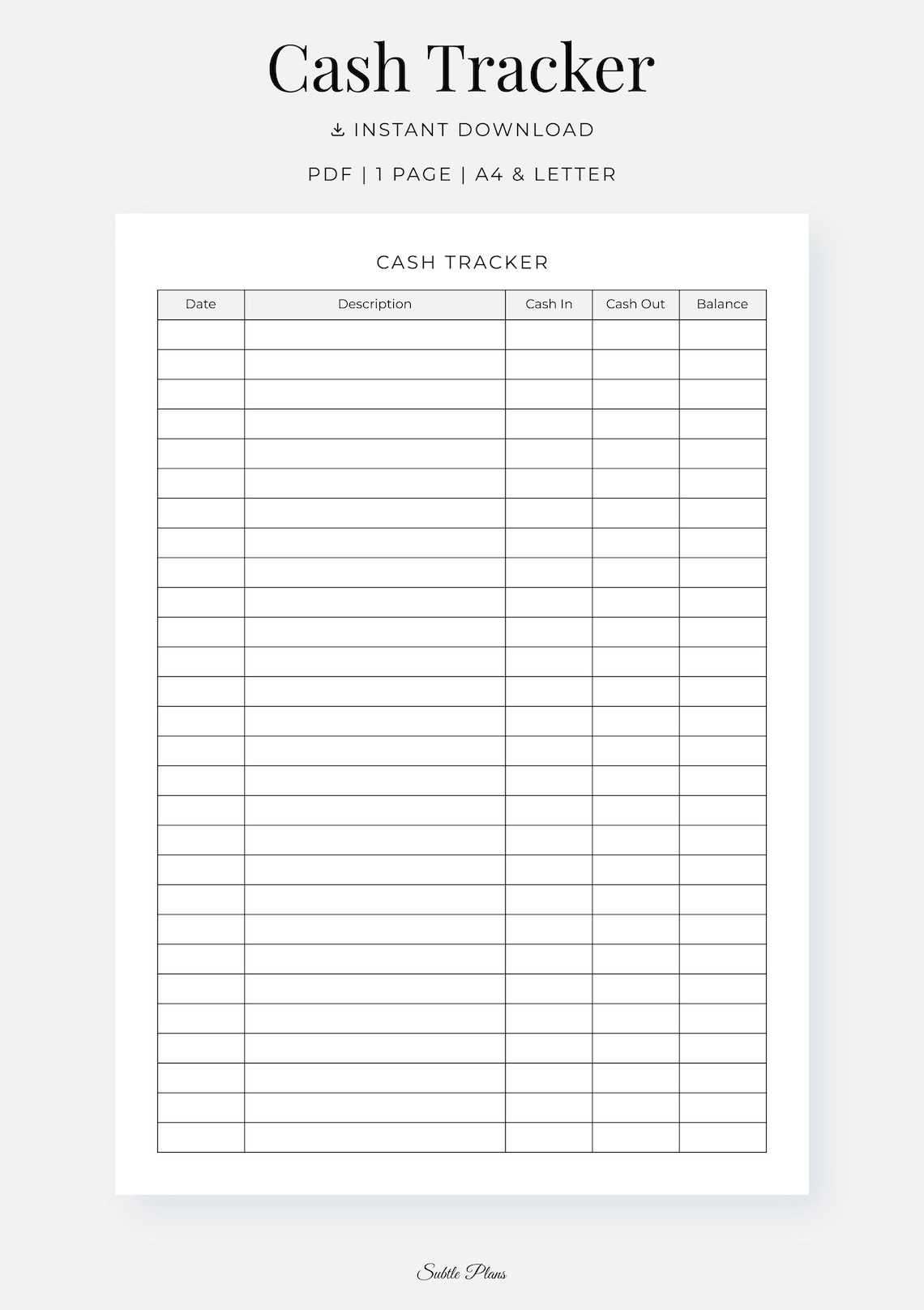 Cash Tracker, Personal Finance Log, PDF, A4, US Letter, Instant ...