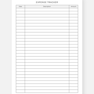 May include: A white expense tracker sheet with black lines and text. The top of the sheet reads "VERSION 1" and "EXPENSE TRACKER". Columns are labeled "Date", "Description", and "Amount".