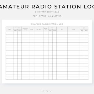 Op de afbeelding: Een wit vel papier met de tekst "AMATEUR RADIO STATION LOG" bovenaan. Het document is een logboek met kolommen voor datum, tijd, frequentie, modus, roepnaam, vermogen, RST, QTH, notities en QSL. Het document is een PDF.