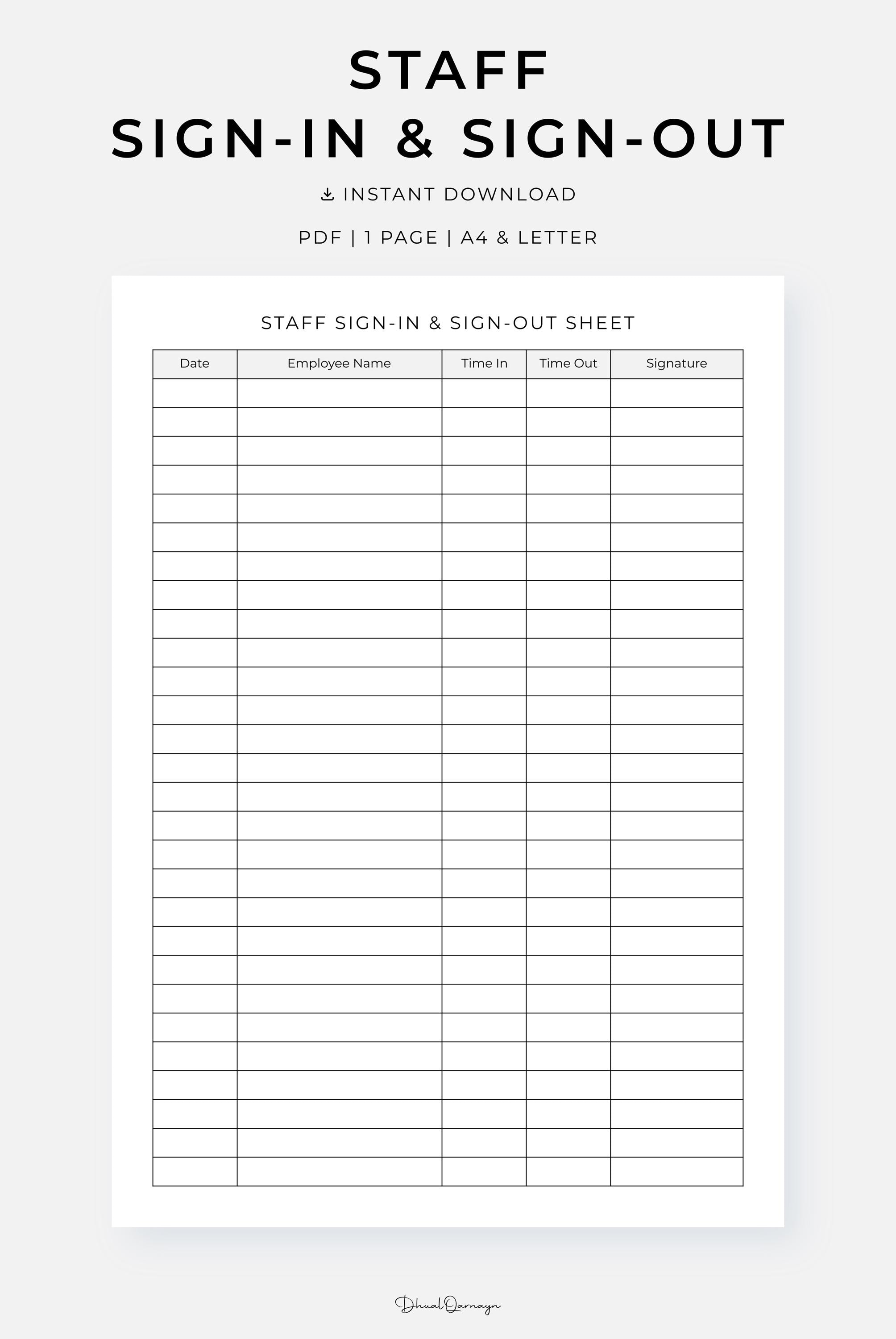 Staff Sign-in & Sign-out Sheet Printable, PDF, A4/letter, Instant ...