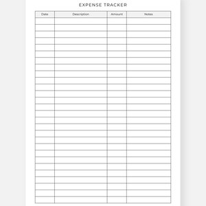 May include: A white expense tracker sheet with black lines and text. The top of the sheet reads "VERSION 4" and "EXPENSE TRACKER". The sheet is divided into columns labeled "Date", "Description", "Amount", and "Notes".