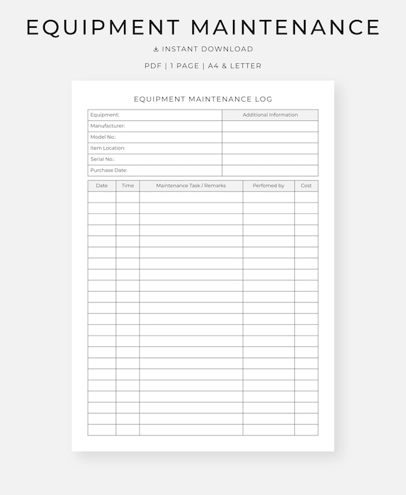 Printable Equipment Maintenance Log, Repairs and Service (PDF, A4 and Letter)