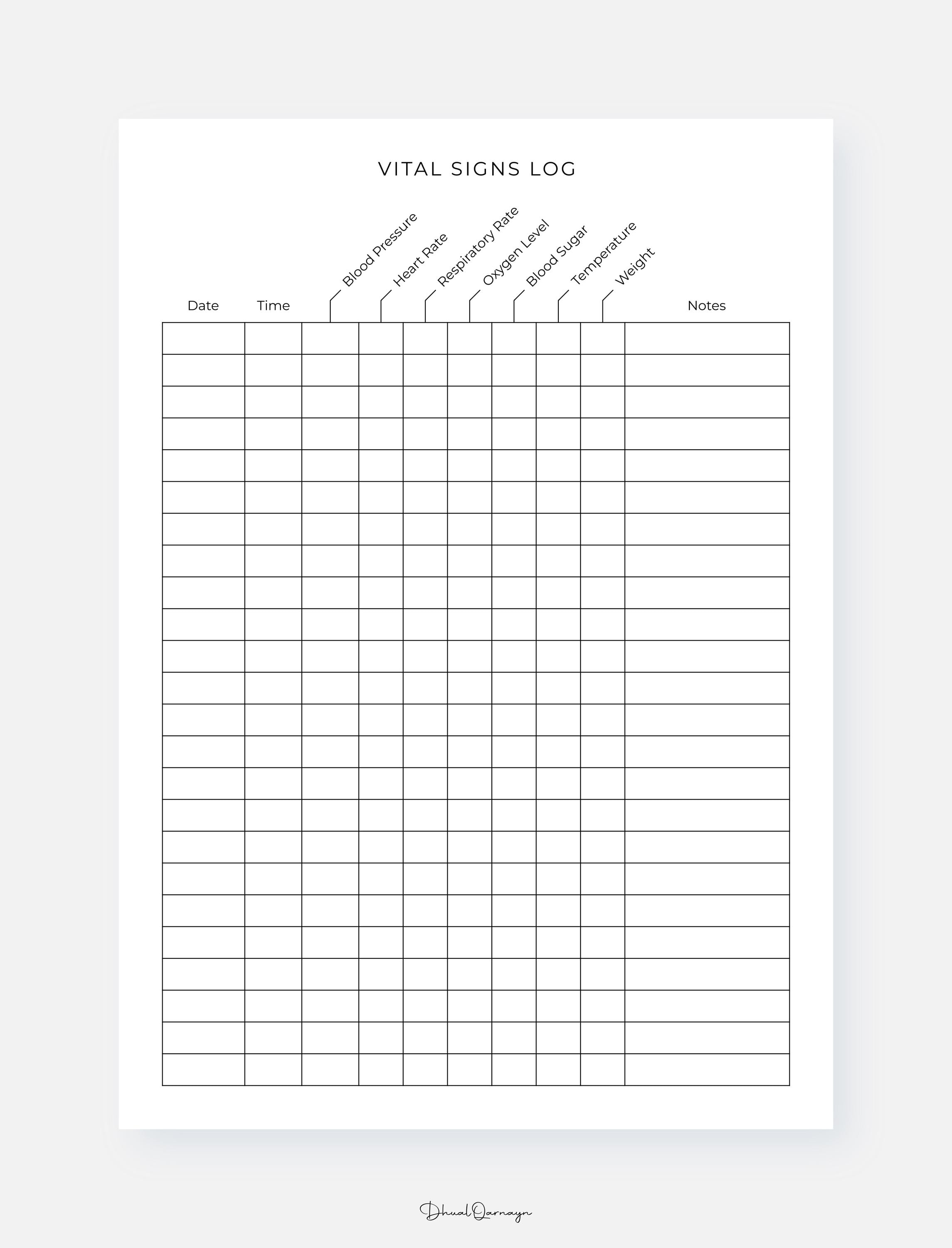 Spo2 Log Template Printable Vital Signs Log, Health Monitoring Record Log for Blood ...