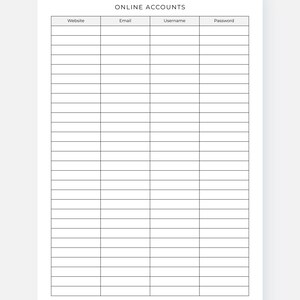 May include: A white paper with a black grid layout for tracking online account information. The top of the page reads "ONLINE ACCOUNTS" with columns for Website, Email, Username, and Password. The bottom right corner has a signature.