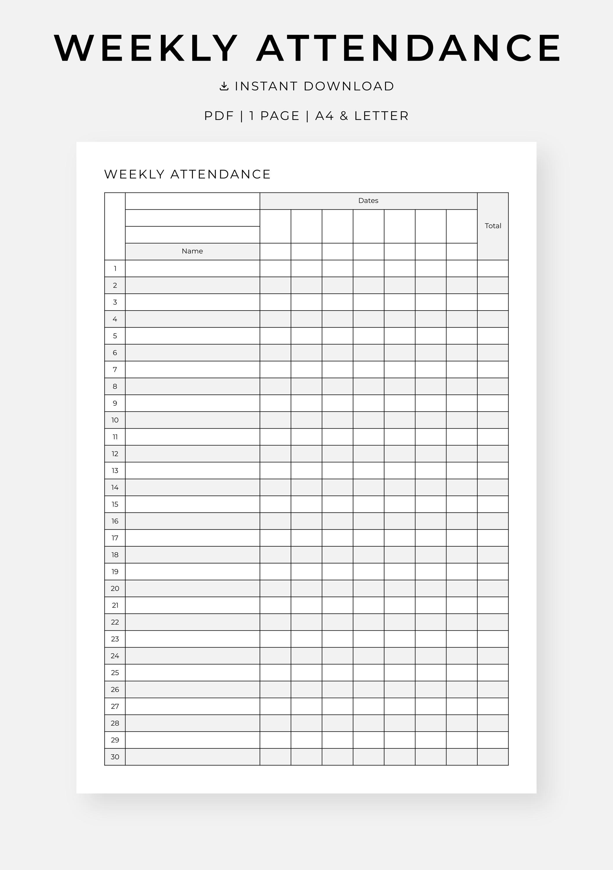 Weekly Attendance Printable, 7-day Undated Attendance Register, Absence ...
