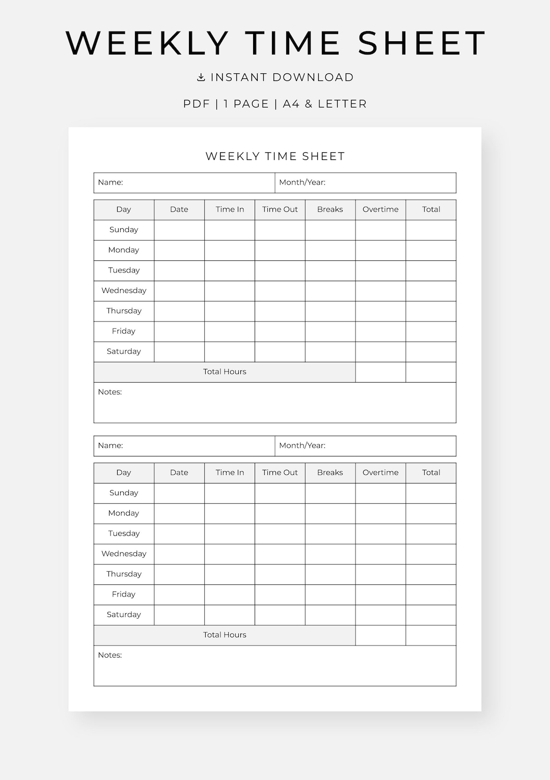 Weekly Time Sheet, Work Hours Log, (A4, Letter) Instant Download - Etsy