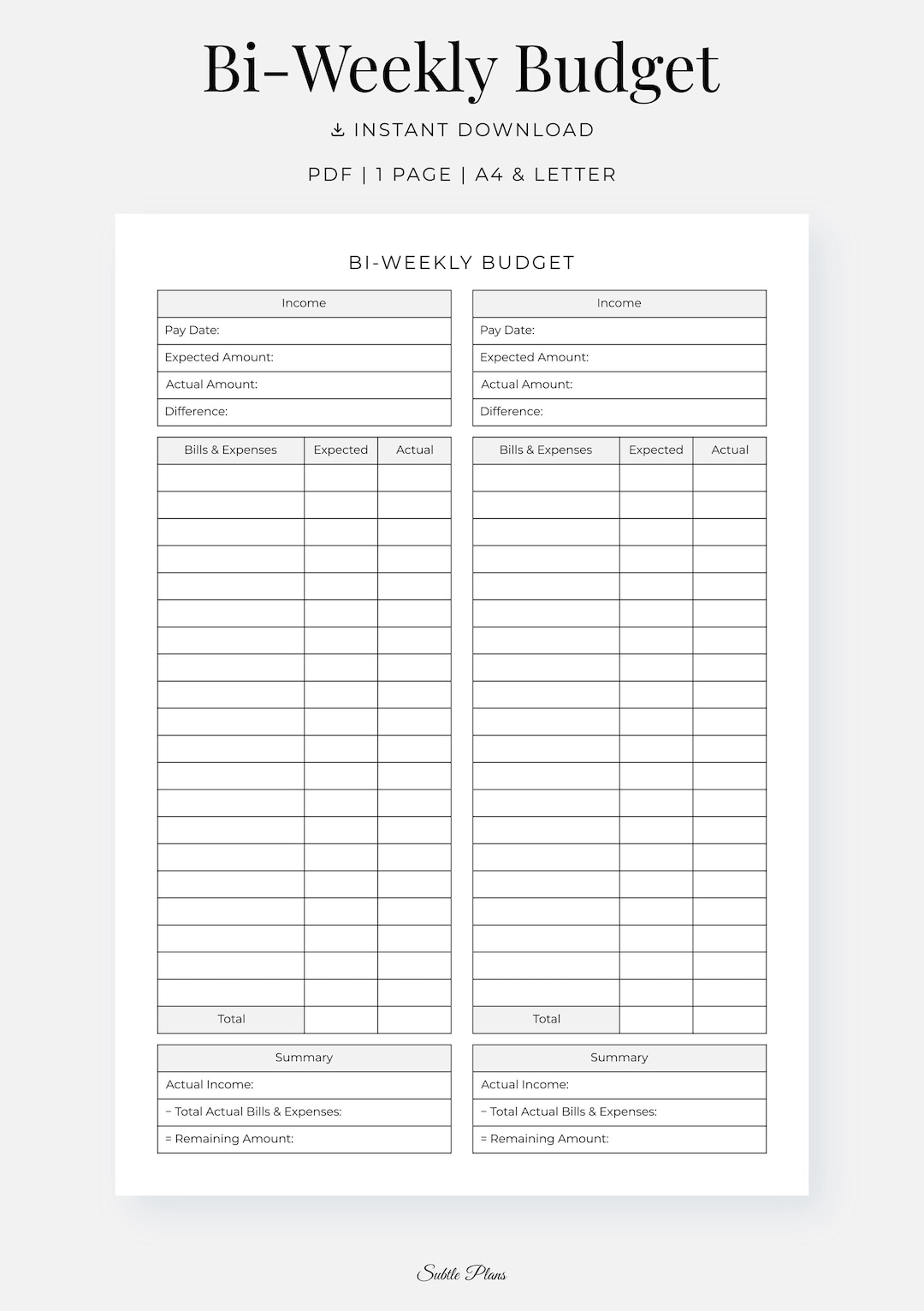 Biweekly Budget, Paycheck Budget Planner, Income & Expense Tracker, PDF ...