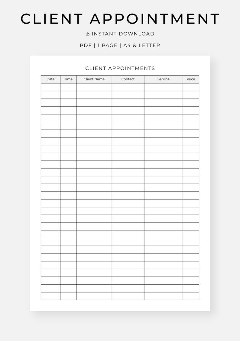 Client Appointment Tracker Printable, PDF A4/letter, Instant Download ...