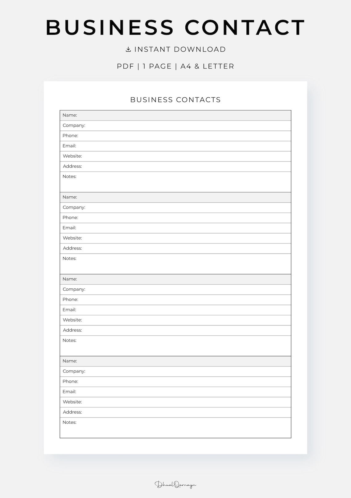 Business Contact Printable, Address Log With Phone, Email, Company, and ...