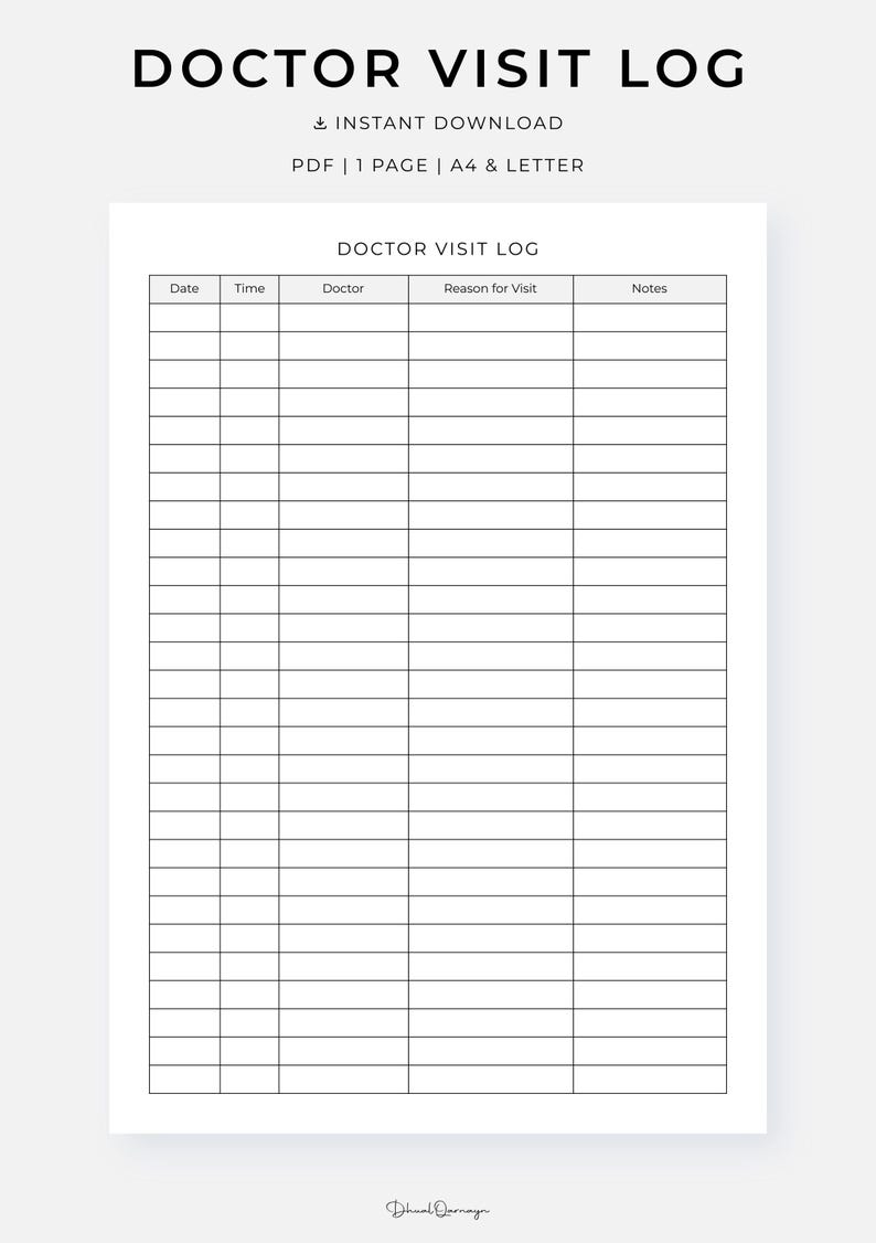 May include: A printable doctor visit log with the title "DOCTOR VISIT LOG" at the top. The log includes fields for date, time, doctor, reason for visit, and notes. The text "INSTANT DOWNLOAD" and "PDF | 1 PAGE | A4 & LETTER" are also present.