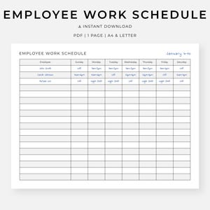 Puede incluir: Una plantilla imprimible de horario de trabajo para empleados con el título "EMPLOYEE WORK SCHEDULE" en la parte superior. El horario incluye columnas para los nombres de los empleados y los días de la semana. Las fechas son del 4 al 10 de enero. El documento está disponible en PDF.