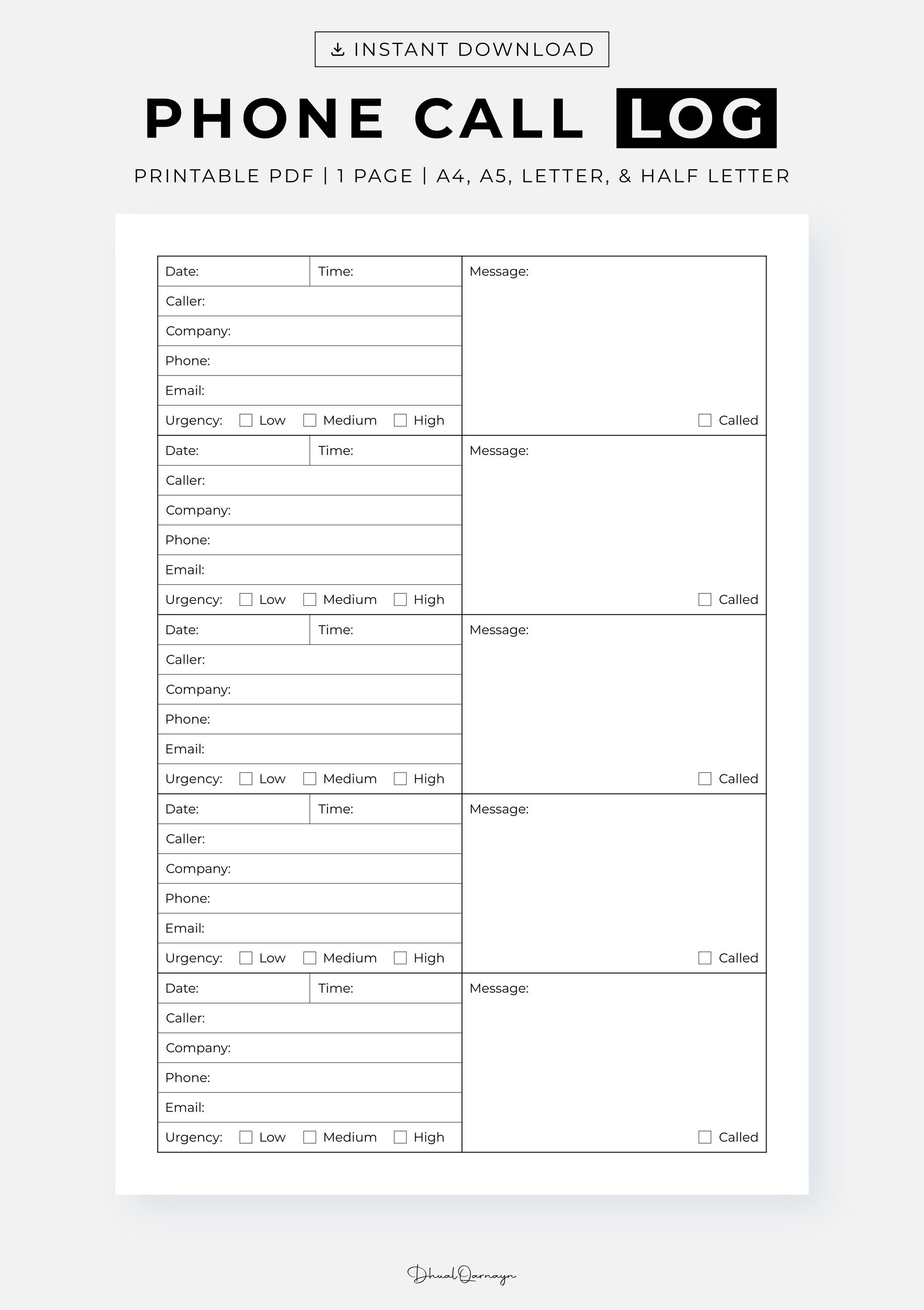 Phone Call Log Printable PDF, Telephone Message Log for Office ...