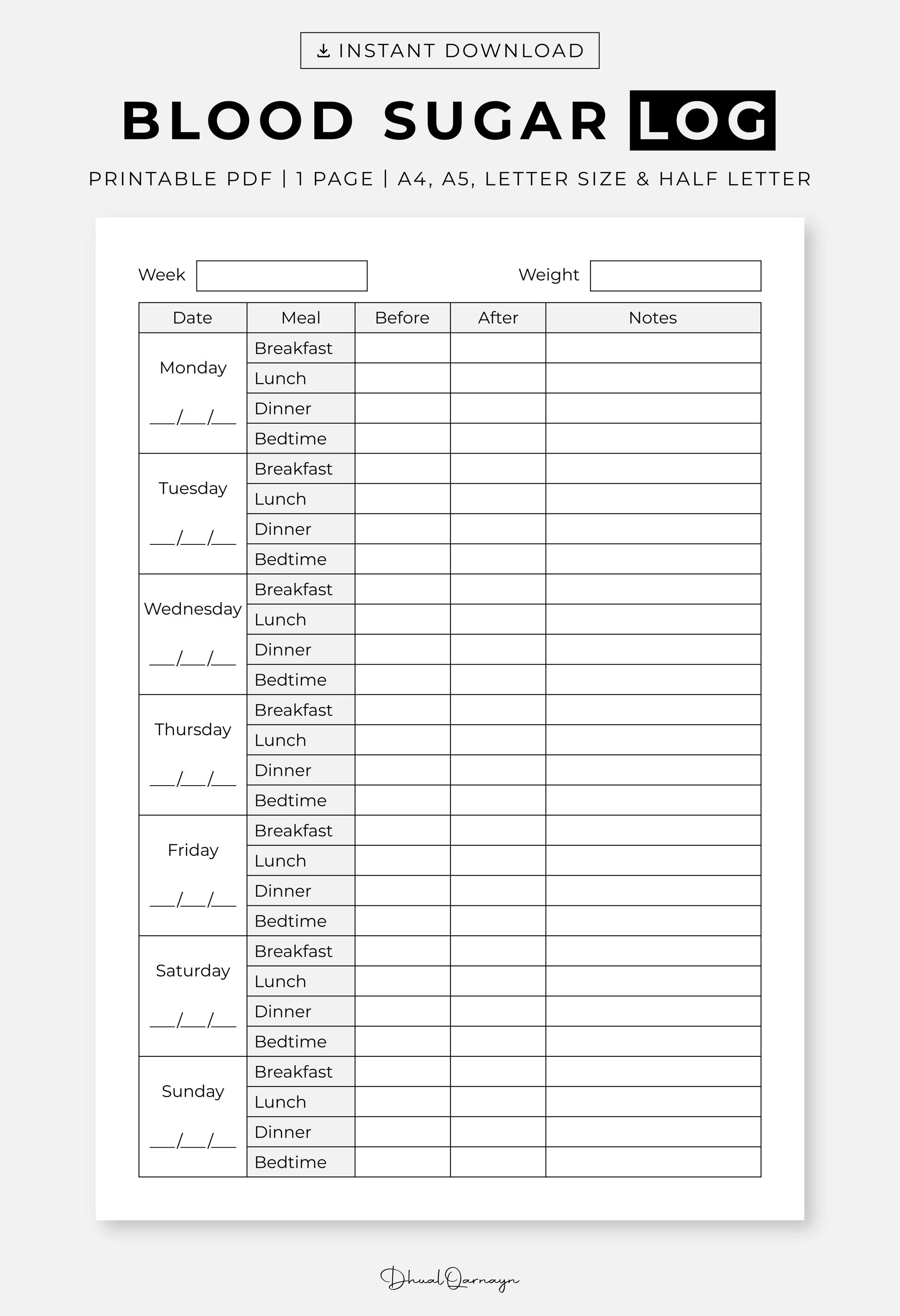 Blood Sugar Log Printable Template, Daily Diabetic Glucose Tracker, 4