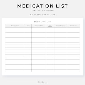 Op de afbeelding: Een afdrukbare medicatielijst sjabloon met de titel "MEDICATION LIST". Het document bevat velden voor medicijnnaam, dosis, reden van inname, startdatum, arts/apotheek en wanneer in te nemen. Direct downloaden.