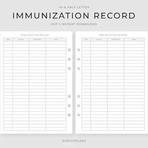May include: Two white digital planner pages for an immunization record in A5 and half letter sizes. Each page features a header reading IMMUNIZATION RECORD, columns for date, vaccine, doctor/clinic, and notes, and six circular binder holes.