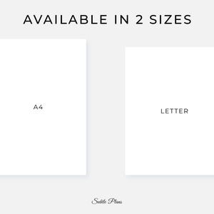 May include: Two white rectangular sheets of paper, one labeled "A4" and the other "LETTER", are displayed against a light gray background. The text "AVAILABLE IN 2 SIZES" is at the top. The bottom of the image has the text "Subtle Plans".