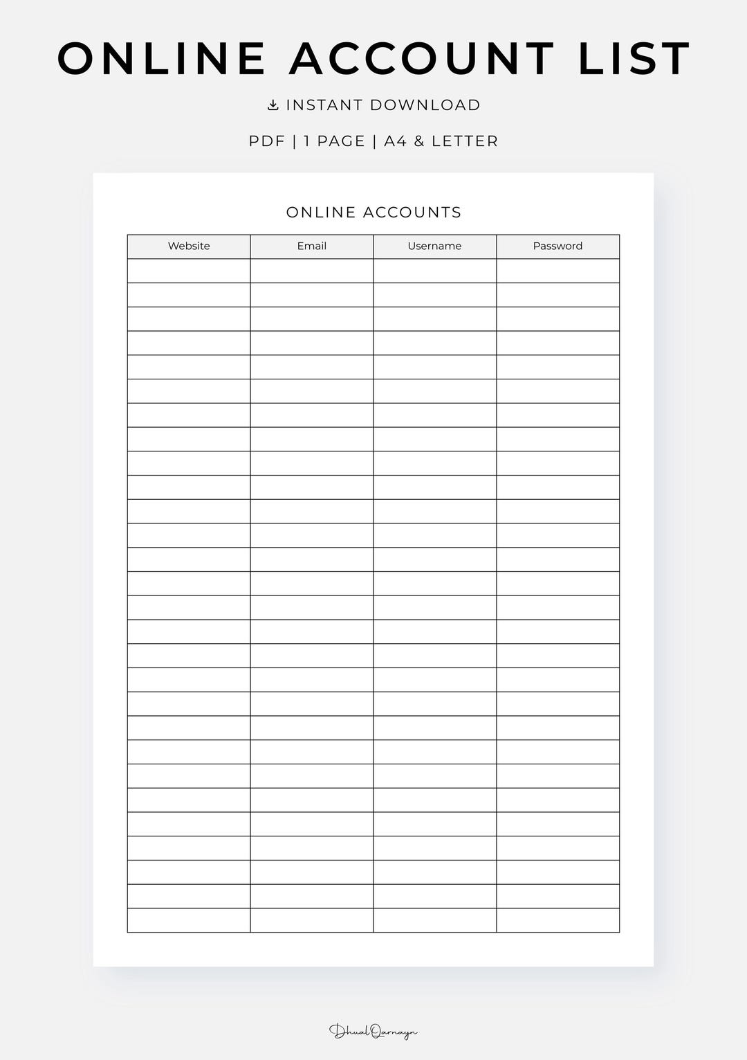Online Account List, Account Login Tracker, Digital Password Organizer ...