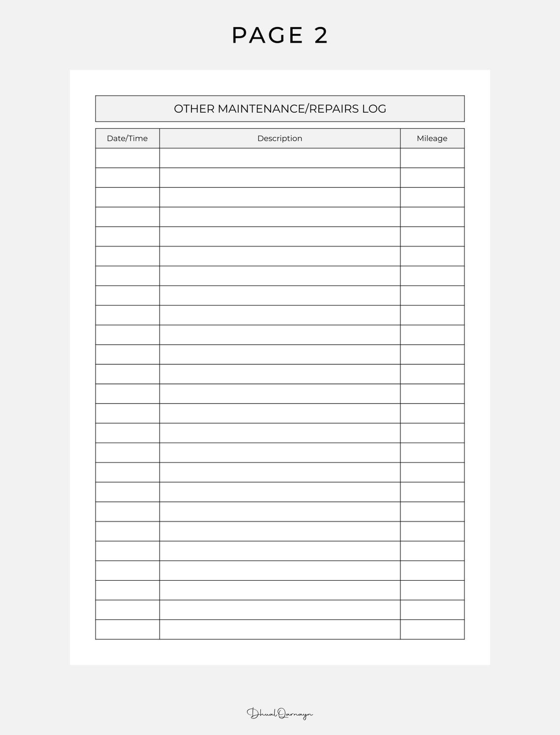 Vehicle Maintenance Log Printable PDF, Repair & Service Record for Cars