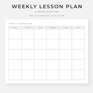 Puede incluir: Una plantilla imprimible de plan de lecciones semanal con el título "WEEKLY LESSON PLAN" en la parte superior. La plantilla incluye secciones para la materia, de lunes a viernes, y está disponible como descarga instantánea en formato PDF.