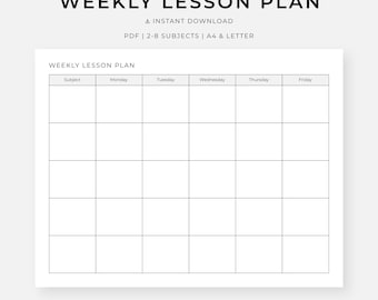 Weekly Lesson Plan Template Printable, Teacher Planner, Classroom Organizer Homeschool Schedule, PDF A4/Letter