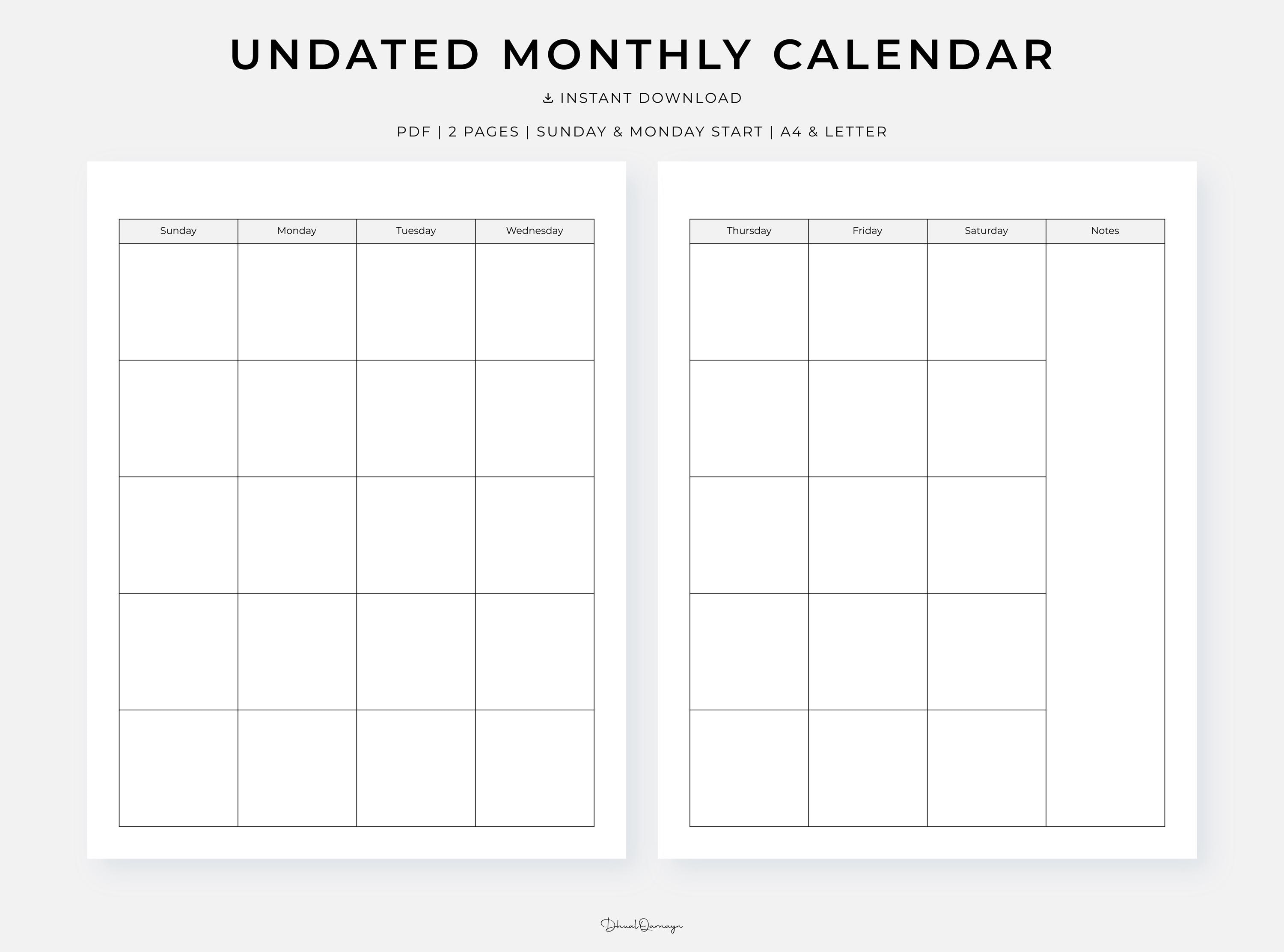 Undated Monthly Calendar, Printable Minimalist Calendar, PDF, A4/letter