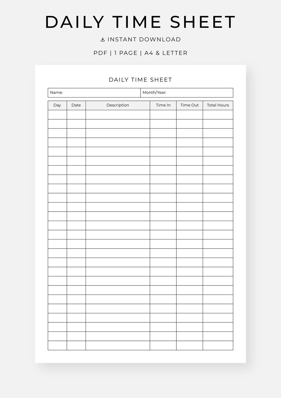 Work Hours Sheet.pdf Printable Daily Time Sheet, Work Hours Log, Timekeeping Sheet, PDF, A4 ...