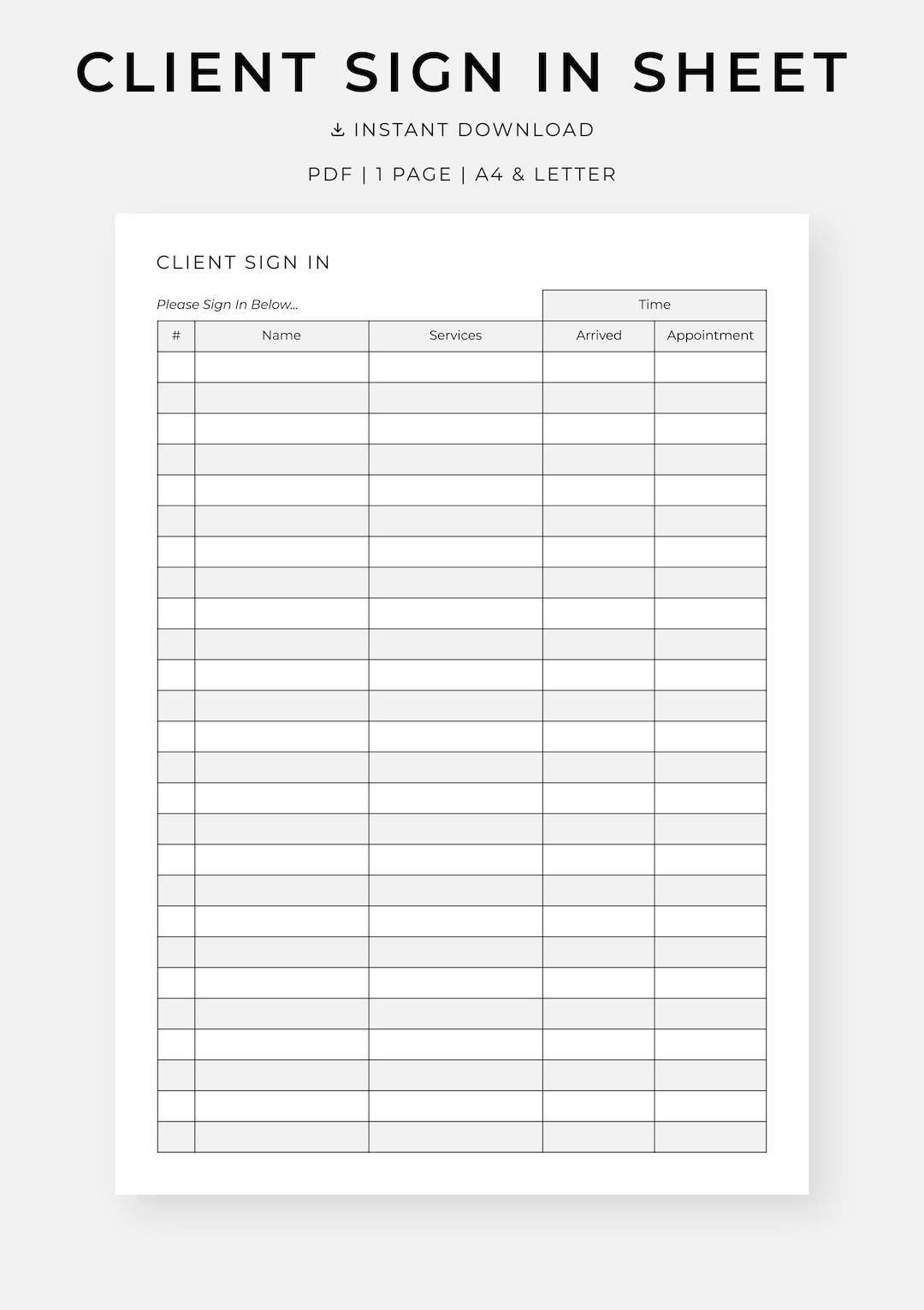 Client Sign in Sheet Printable, Appointment Tracker, PDF (a4/letter) - Etsy