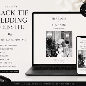 May include: A laptop and a smartphone displaying a wedding website template with the text LUXURY BLACK TIE WEDDING WEBSITE, HER NAME & HIS NAME, and a black and white photograph of a couple. The design includes icons for RSVP, registry, and travel.