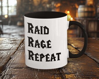 Raid Rage Repeat Mug - White Gamer Coffee Cup with Red, Black, or Red Accents, Available in 11oz & 15oz