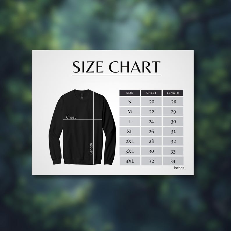 Puede incluir: Una sudadera negra con una tabla de tallas. La tabla muestra las medidas de pecho y largo en pulgadas para las tallas S a 4XL. El texto "SIZE CHART" est&aacute; en la parte superior.