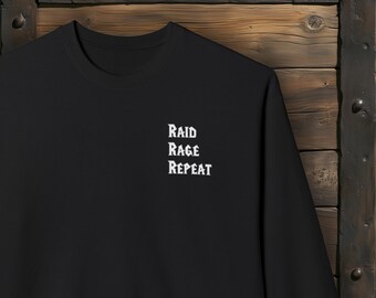 World of Warcraft Inspired Raid Rage Repeat Sweatshirt, Minimalist Black Unisex Crewneck