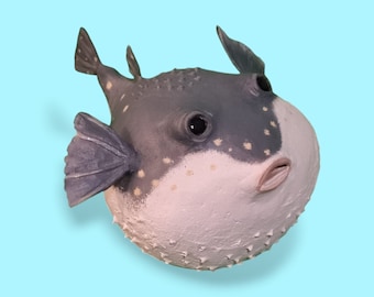 Pufferfish paper MACHE clay handmade sculpture