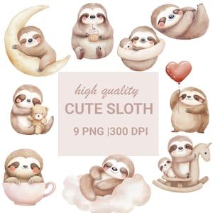 Cute Baby Sloth Clipart, Watercolor Woodland Animal PNG, Cute Sloth Nursery Art, Baby Shower Decorations, Kids Birthday Party Graphics