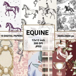 Papiers numériques équins - 10 modèles sans couture élégants sur le thème du cheval - Arrière-plan numérique pour le scrapbooking et le design