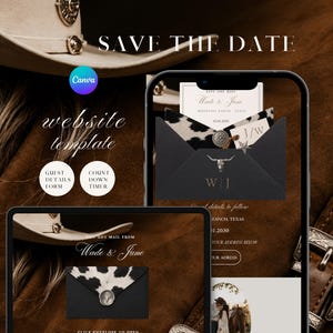 May include: A digital website template for a Save the Date announcement displayed on a smartphone and tablet screen. The design features a black envelope with a cowhide print flap, a silver bull skull seal, and the text Wade & June.