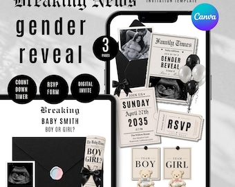 Newspaper Gender Reveal Invitation, Breaking News Canva Website, Digital RSVP Invite, Teddy Bear Baby Reveal
