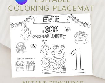 Berry First Birthday Coloring Page: Strawberry Party Activity (Digital Download)