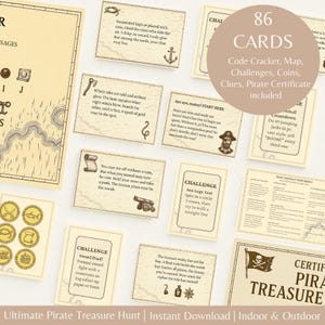 Puede incluir: Un juego de búsqueda del tesoro pirata con 86 cartas que incluyen desafíos, pistas y un mapa. Las cartas tienen un diseño vintage con símbolos náuticos y texto. Incluye un certificado de pirata. Ideal para interiores y exteriores.