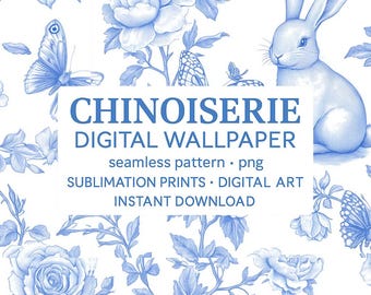 Chinoiserie Toile de Jouy Seamless Pattern: Nursery Wallpaper (Digital Download PNG, 15x12 inches)