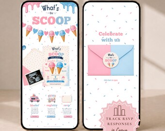 What’s the Scoop Gender Reveal Website Template with RSVP | Editable Canva Digital Invite | Gender Reveal Invitation