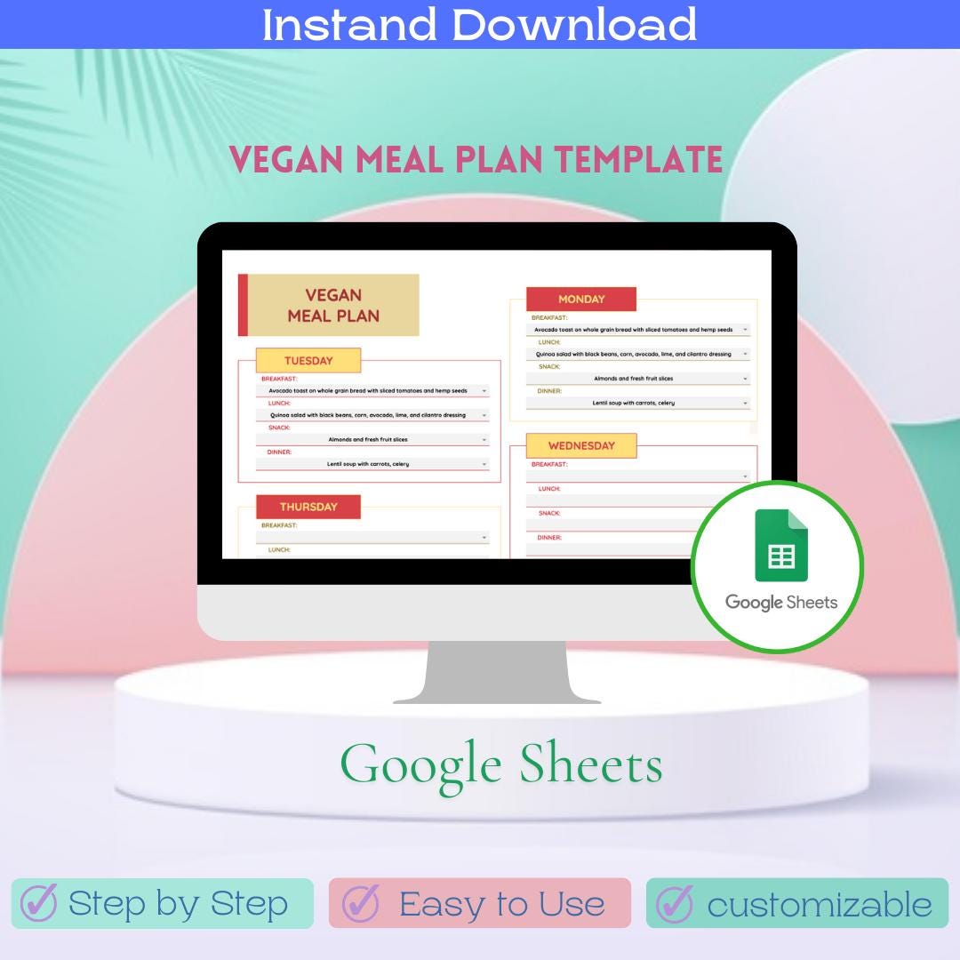 Vegan Meal Plan Template Easy Google Sheets Tracker Weekly Meal ...