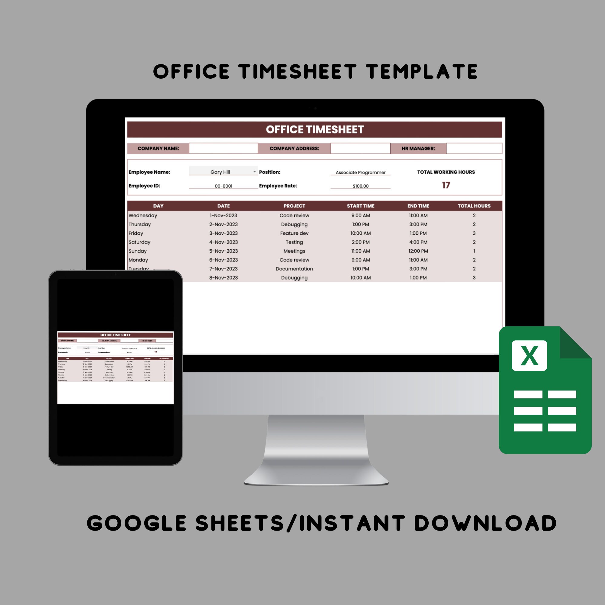 Office Timesheet Template for Google Sheets Easy & Editable Employee ...