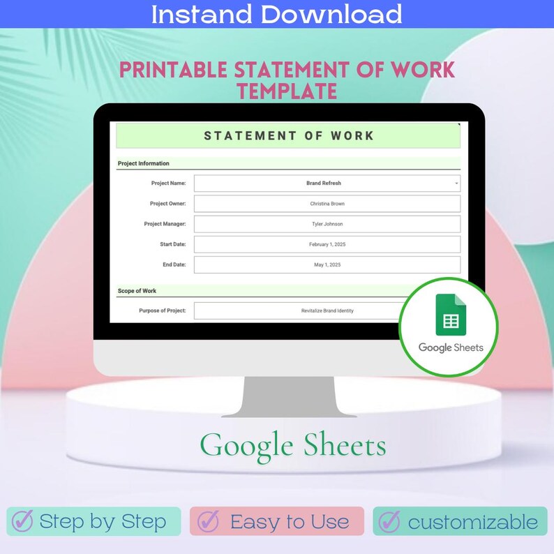 Printable Statement of Work Template Google Sheets Professional SOW Template for Projects Easy ...