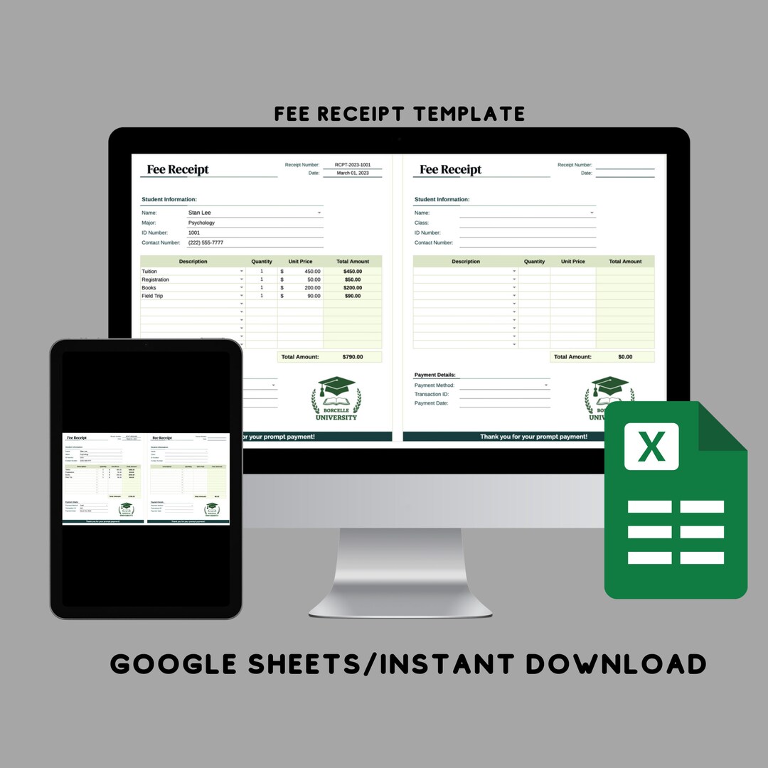 Fee Receipt Template, Google Sheets Format, Printable Invoice, Payment ...