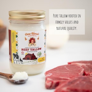 100% Natural Grass fed and Finshed Beef Tallow by Doña Blanca, From cooking to skincare versatile Tallow, 11oz Jar