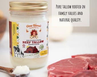 100% Natural Grass fed and Finshed Beef Tallow by Doña Blanca, From cooking to skincare versatile Tallow, 11oz Jar