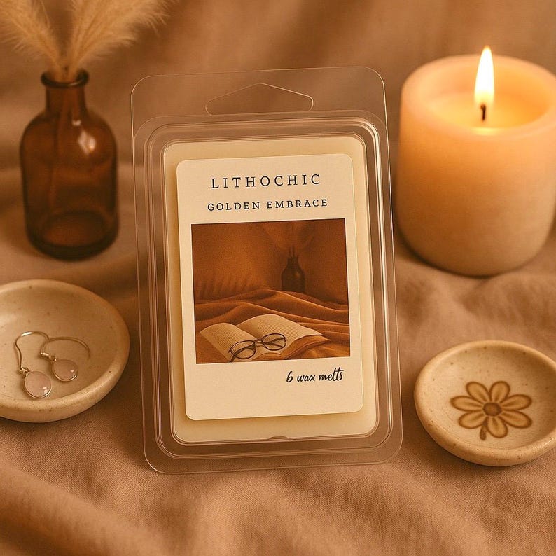May include: A clear plastic package containing six wax melts with the text "LITHICHIC GOLDEN EMBRACE". The wax melts have an image of a book and glasses. A lit candle and small decorative bowls are also present.